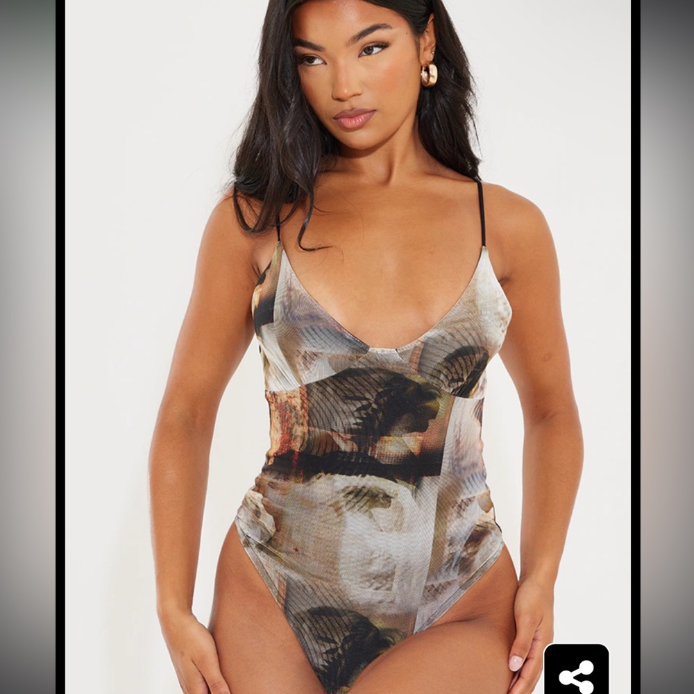 Nude Mesh Abstract Renaissance Print Cup Detail Bodysuit